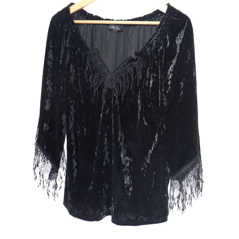 Melissa Paige Velvet Blouse Women Top Black Crochet Fringe Boho Peasant V Neck L